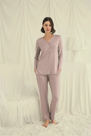 Nevamel® Uzun Kollu Boydan Düğmeli V Yaka Pijama Takımı