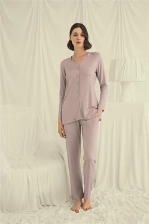 Nevamel® Uzun Kollu Boydan Düğmeli V Yaka Pijama Takımı