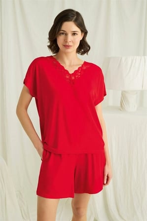 Nevamel® Kısa Kollu Dantelli V Yaka Şort Pijama Takımı