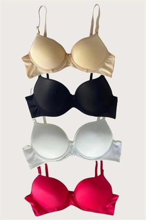 Nevamel® Siyah-Beyaz-Kırmızı-Ten 4'Lü Dolgulu Push Up Micro Balenli Günlük Tek Destekli Sütyen