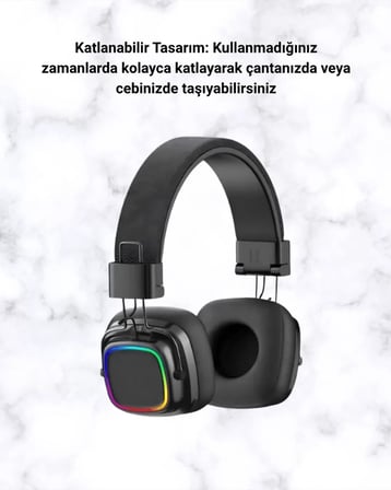 Nevamel® Bluetooth 5.3 Rainbow Işıklı Kulak Üstü Kablosuz Kulaklık Yeni Nesil