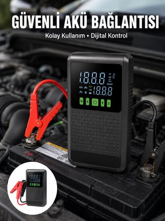 Nevamel® 12.000 mAh Şarjlı Araç Akü Takviye ve Işıklı Hava Kompresörü Yeni Nesil