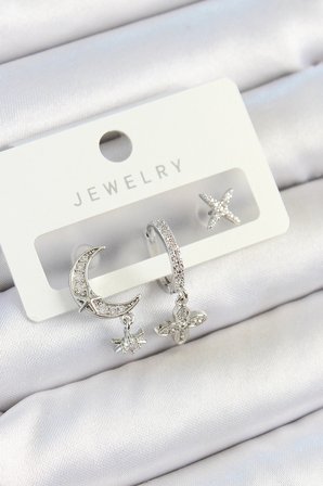 Nevamel® Pirinç Zirkon Taşlı Çiçek Ve Ay Model Gümüş Renk 3'lü Çift Kadın Küpe Set 5886