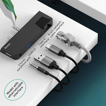 Nevamel Baseus Multifunctional HUB Surface Go(Type-C+Audio to RJ45+USB3.0+Type-C(data)+Audio)-(5775)