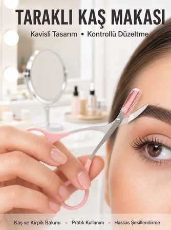 Nevamel® Kavisli Kaş Kirpik Düzeltici Bıyık Alma Taraklı Kaş Makası Yüz Bakım Seti Makas