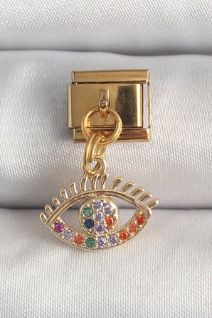 Nevamel® 316L Çelik Gold Renk Sallantı Renkli Zirkon Taşlı Göz Model Nomination Charm 5886