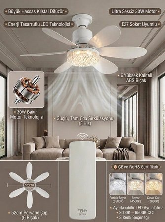 Nevamel® Crystal Aura 52 cm Ultra Sessiz LED Tavan Vantilatörü | 3 Kademeli Bakır Motor | Kumandalı Kristal Avize Vantilatör