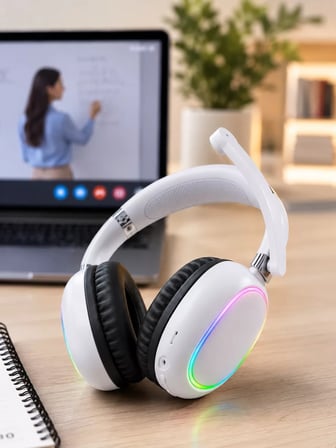 Nevamel® Kablosuz Bluetooth Mikrofonlu Beyaz Kulaklık  RGB Işıklı