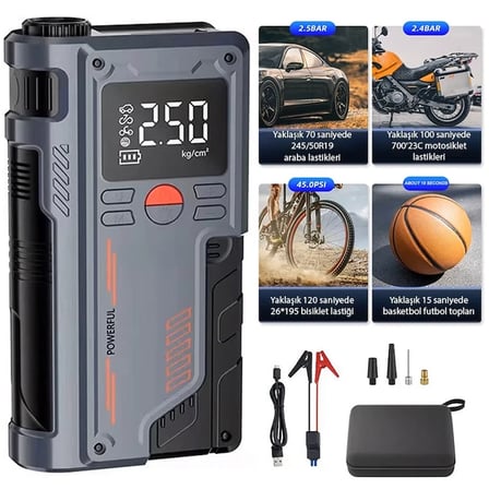 Nevamel® EZERE ST-9631 Pro Taşınabilir Göstergeli Araç Lastik Şişirme Ve Starter Akü Takviye Seti-(5775)
