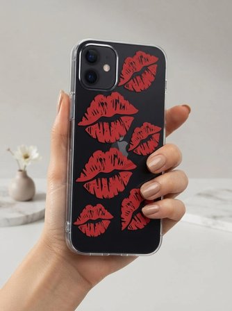 Nevamel® iPhone 12 Kırmızı Dudak / Öpücük Desenli Şeffaf Telefon Kılıfı