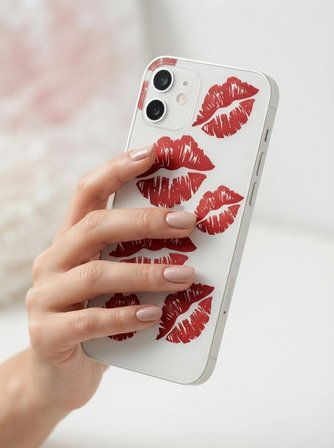 Nevamel® iPhone 12 Kırmızı Dudak / Öpücük Desenli Şeffaf Telefon Kılıfı