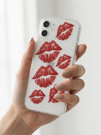 Nevamel® iPhone 12 Kırmızı Dudak / Öpücük Desenli Şeffaf Telefon Kılıfı