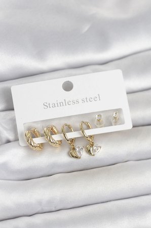Nevamel® 316L Çelik Gold Renk Kalp Detaylı Kadın Küpe Seti 5886