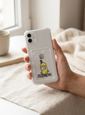 Nevamel® iPhone 11 Boş Yapma Muz Detaylı Kart Bölmeli Şeffaf Telefon Kılıfı