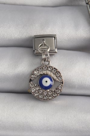 Nevamel® 316L Çelik Gümüş Renk Sallantı Zirkon Taşlı Göz Model Nazar Boncuk Detay Nomination Charm 5886