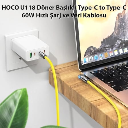 Nevamel HOCO U118 Döner Başlıklı Type-C to Type-C 60W Hızlı Şarj ve Veri Kablosu-(5775)