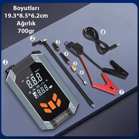 Nevamel® EZERE ST-9632D Taşınabilir Araç Lastik Şişirme Ve Starter Akü Takviye Seti-(5775)