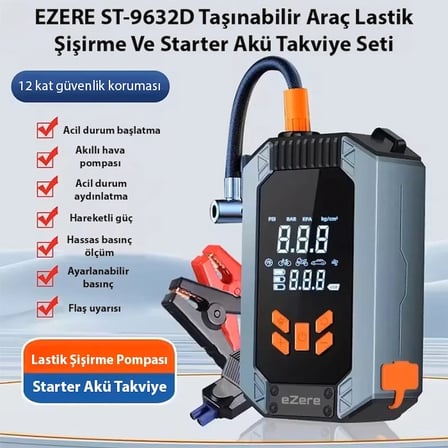 Nevamel® EZERE ST-9632D Taşınabilir Araç Lastik Şişirme Ve Starter Akü Takviye Seti-(5775)