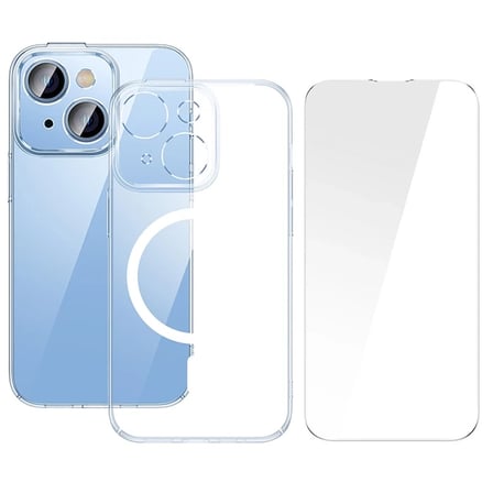 Nevamel Baseus Crystal iPhone 14 Plus 6.7 Magsafe Silikon Kılıf + Tempered Ekran Koruyucu Set-(5775)
