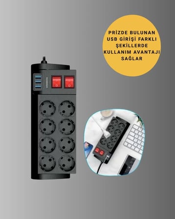 Nevamel® 2 Metre Güçlü Çoklu Priz 8 Soket Yeni Nesil