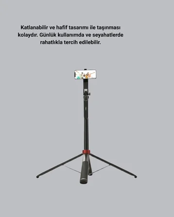 Nevamel® Kablosuz Çift Yaka Mikrofonu ve Tripodlu Selfie Çubuğu İçerik Üretici Seti