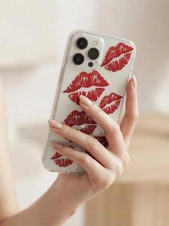 Nevamel® iPhone 13 Pro Max Kırmızı Dudak / Öpücük Desenli Şeffaf Telefon Kılıfı