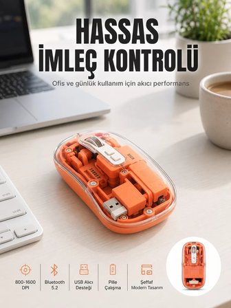 Nevamel® Bluetooth ve USB Destekli Kablosuz Şeffaf Mouse Sessiz Kullanım Yeni Nesil