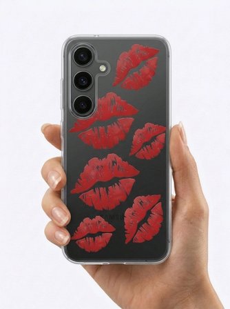 Nevamel® Samsung Galaxy S24 Kırmızı Dudak / Öpücük Desenli Şeffaf Telefon Kılıfı