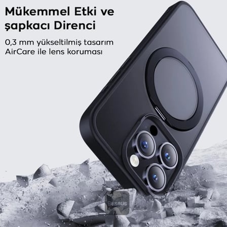 Nevamel Baseus iPhone 15 Pro Max SkyRing Serisi Standlı Magsafe Manyetik Kılıf + Tempered Ekran Koruyucu Set-(5775)