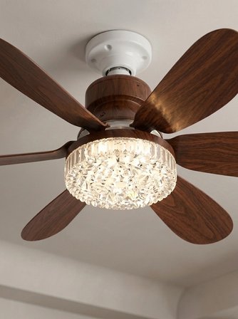 Nevamel® Crystal Aura 52 cm Ultra Sessiz Ahşap Renk LED Tavan Vantilatörü | 3 Kademeli Bakır Motor | Kumandalı Kristal Avize Vantilatör