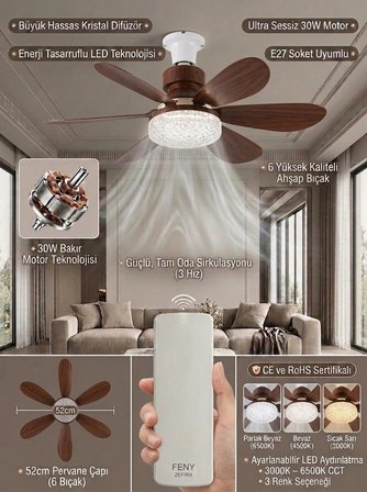 Nevamel® Crystal Aura 52 cm Ultra Sessiz Ahşap Renk LED Tavan Vantilatörü | 3 Kademeli Bakır Motor | Kumandalı Kristal Avize Vantilatör