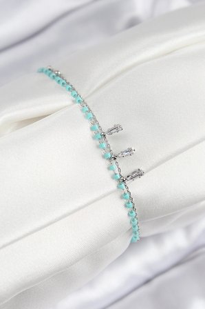 Nevamel® Pirinç Zirkon Taşlı Mavi Boncuklu Model Gümüş Renk Kadın Bileklik 5886