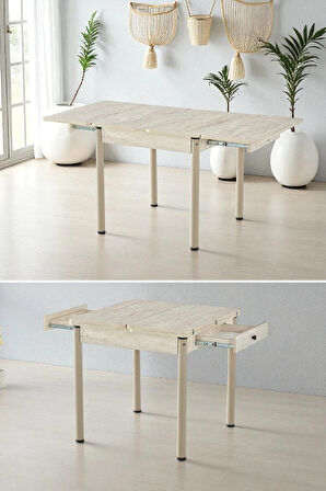 Neva Açılır Kapanır Mutfak Masası – Traverten Desen, Kapuçino Ayak, 80x80/160 cm