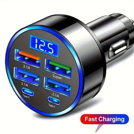 6 Portlu Hızlı Araç Şarj Cihazı – 4 USB + 2 Type-C Çıkışlı Dijital Göstergeli Oto Şarjı