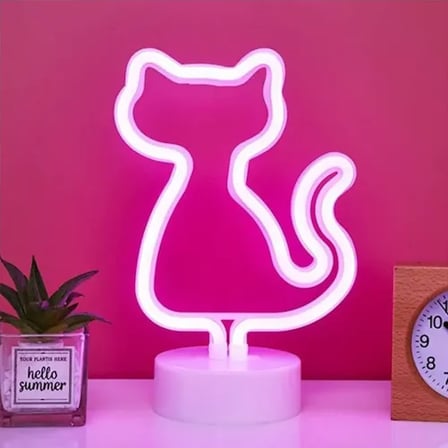Neon Kedi Masa Gece Lambası Pembe Işık
