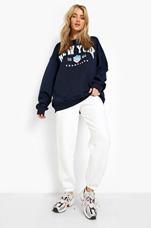 Kadın Lacivert New York Baskılı Oversize Sweatshirt