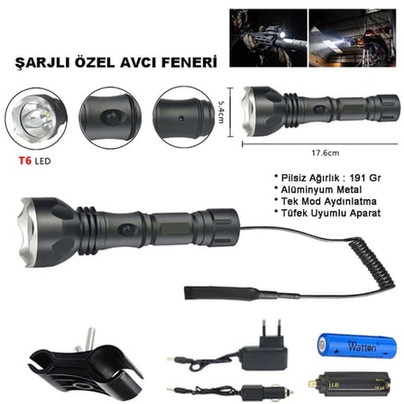 Ayd Orjinal 600 Lümen Tx6 Şarjlı Özel Avcı Feneri  Wt-253
