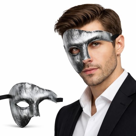 Ayd Antik Eskitme Gümüş Erkek Yarım Maske - Phantom Parti  Balo Maskesi