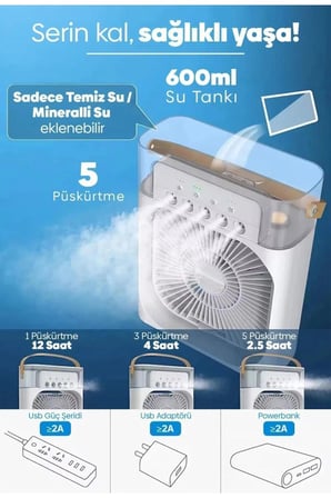 Ayd Taşınabilir Işıklı 5 Spreyli Vantilatör Buzlu Buharlı Vantilatör Mini Fan Nemlendirici