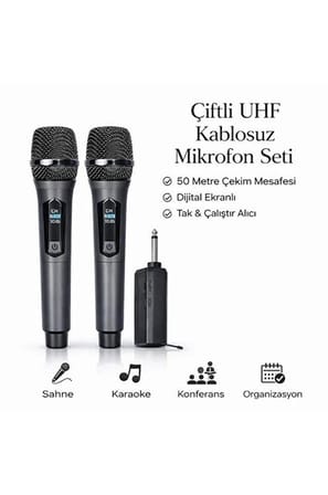 Ayd Profesyonel Çiftli Kablosuz Mikrofon Seti Karaoke Şarj Edilebilir 50 Metre