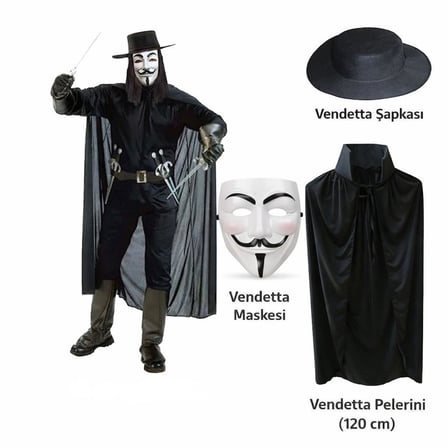 Ayd Vendetta Kostüm Seti – Şapka Maske Pelerin (120 Cm)