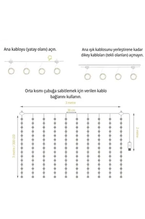 Ayd Lw-7 300 Ledli 10 Sarkıt Perde Led Işık, 8 Modlu Uzaktan Kumandalı, 3x3 Metre Peri Telli Led