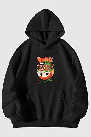 Next Level Ramen Baskılı Unisex Siyah Kanguru Cepli Kapüşonlu Sweatshirt Hoodie | L