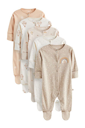 Next Baby % 100 Pamuklu Krem Kahve Balon Desenli 5’li Tulum Set
