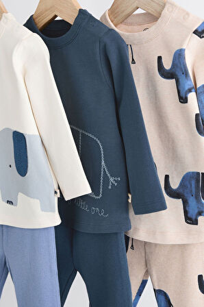 Next Baby Pamuklu Mavi Fil Desenli Uzun Kollu 3’lü Alt Üst Takım