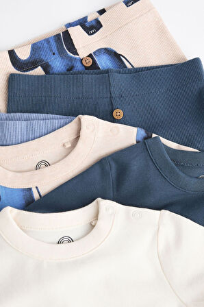 Next Baby Pamuklu Mavi Fil Desenli Uzun Kollu 3’lü Alt Üst Takım