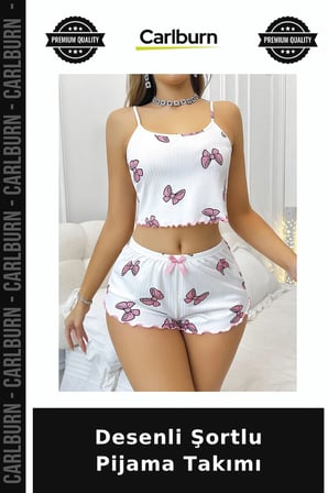 Premium Desenli Şortlu Pijama Takımı Crop Üst Arkadaşa Hediye Ev Stili