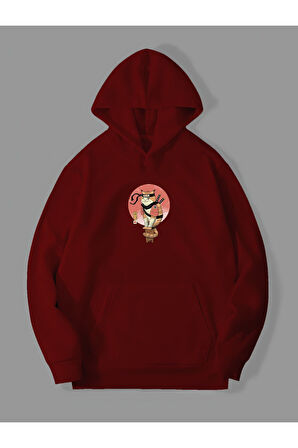 Üç İplik Ninja Kedi Baskılı Unisex Kırmızı Kanguru Cepli Kapüşonlu Sweatshirt Hoodie | L