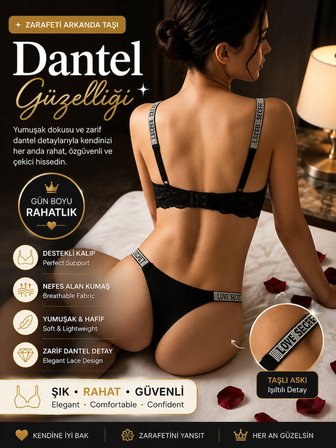 Siyah Dantelli Sütyen Tanga Takımı, Taşlı Askılı Destekli Kadın İç Giyim Seti