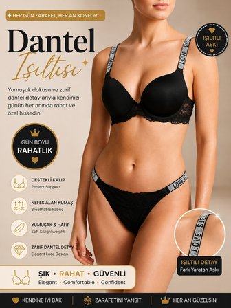 Siyah Dantelli Sütyen Tanga Takımı, Taşlı Askılı Destekli Kadın İç Giyim Seti